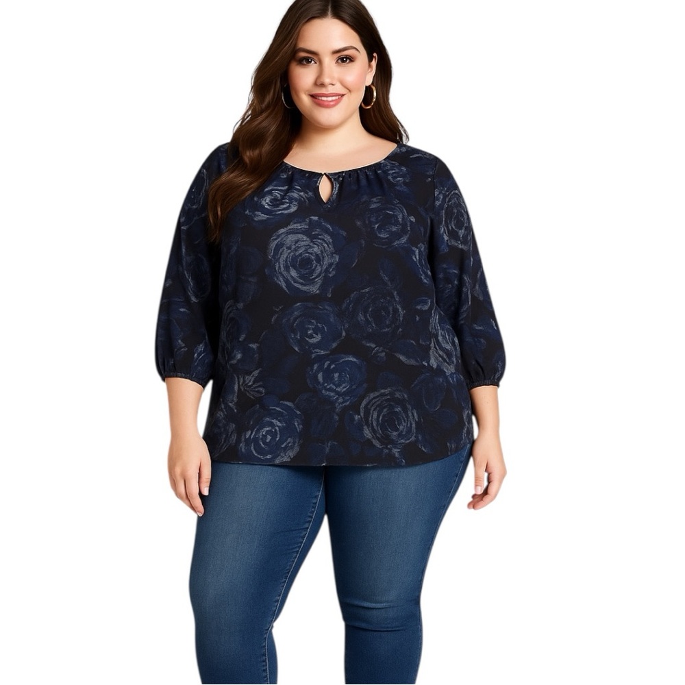 Just My Size Floral Pullover Blouse 3/4 Sleeve  Womens  2X (18W-20W) Navy Blue